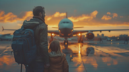 rear view of a contented family positioned next to a big aircraft that has two luggage outsideの素材