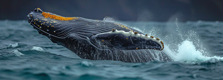 Icelandic humpback whale breaching close to Husavik Cityの素材