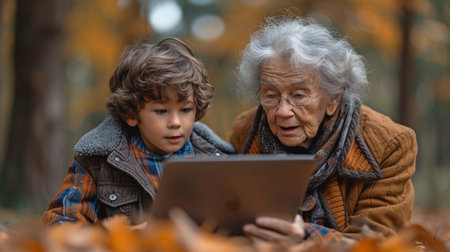 Granny and a content boy enjoying a laptop outsideの素材