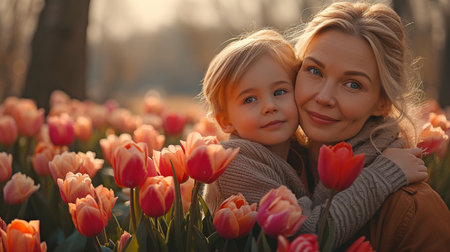 Mother's Day gift box of flowers to an elderly mother, cuddled up by a small childの素材