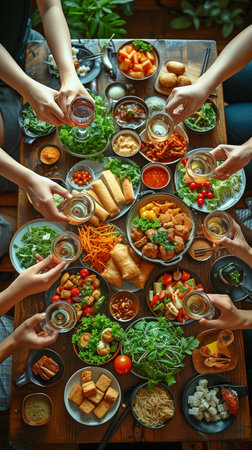 Top view: A happy group of Asian friends celebrate with a dinner party at home where they share food and drinks.の素材