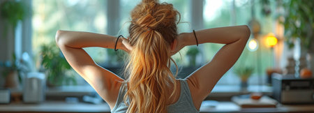 View From the Back of a Woman Using a Computer at Home and Stretching at Her Deskの素材