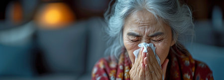 Asian elderly woman with dust allergies sneezing into tissue paperの素材