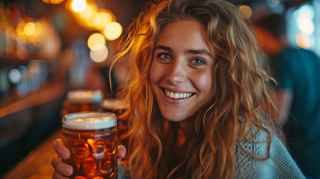 Together, best friends sipping beer and chatting in a city barの素材