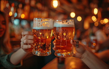 Together, best friends sipping beer and chatting in a city barの素材