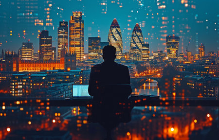 A prosperous businessman who works in an office with a digital tablet laptop computer and a London building is double exposed.の素材