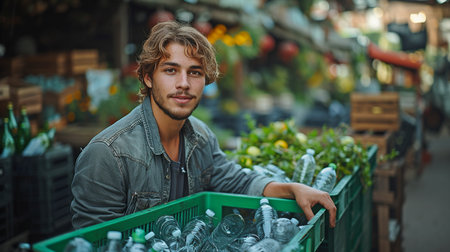 A young man fills a green bin with household recycling.の素材