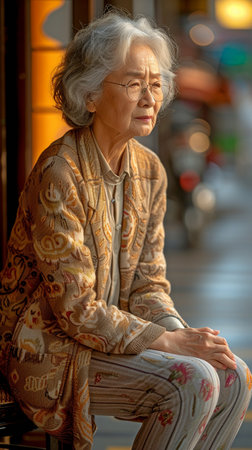 Sick and depressed elderly Asian woman in the park, caressing her injured leg and experiencing knee agony and discomfortの素材