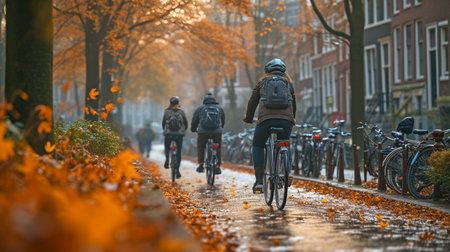 After a demanding workday, middle-aged city commuters ride their bikes home from work.の素材