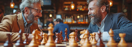 Best pals conversing, drinking whisky and playing chess togetherの素材