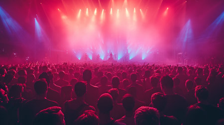 A crowd silhouette, a musical group, and concertgoers take in a club performer, a stage show, or a celebrity.の素材