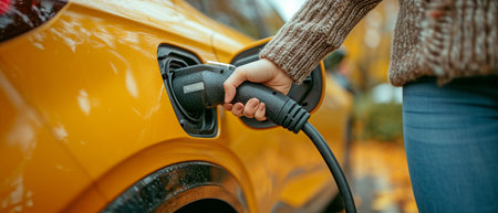 Close-up of a female hand inserting a charger into a home electric car outletの素材