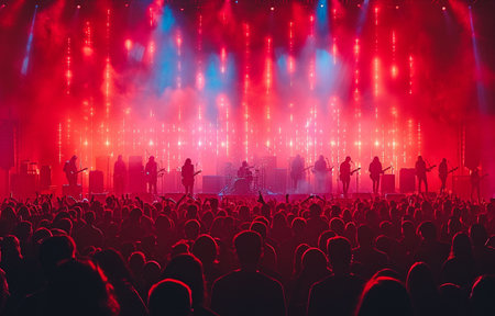 A crowd silhouette, a musical group, and concertgoers take in a club performer, a stage show, or a celebrity.の素材