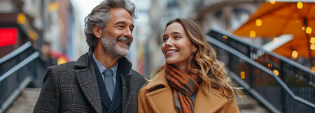 A cheerful, cooperative male lawyer and his legal manager celebrate a success together on the town's steps.の素材