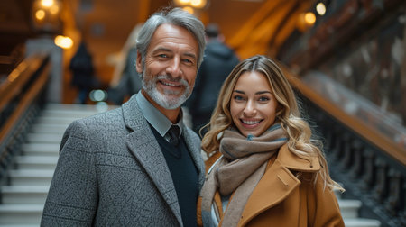 A cheerful, cooperative male lawyer and his legal manager celebrate a success together on the town's steps.の素材