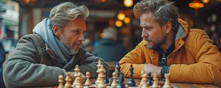 Best pals conversing, drinking whisky and playing chess togetherの素材