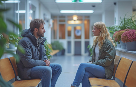 A guy and lady in a hospital waiting area,の素材