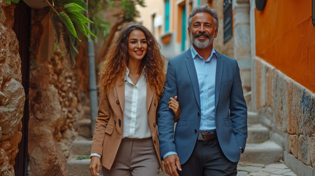 A cheerful, cooperative male lawyer and his legal manager celebrate a success together on the town's steps.の素材