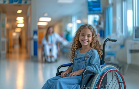 Adorable preschooler in a wheelchair welcomes the hospital's doctorの素材