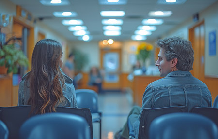 A guy and lady in a hospital waiting area,の素材
