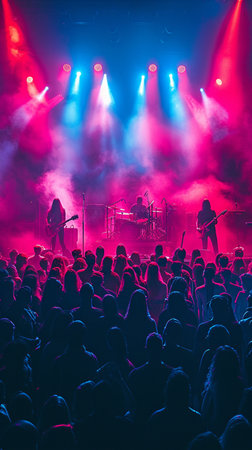 A crowd silhouette, a musical group, and concertgoers take in a club performer, a stage show, or a celebrity.の素材