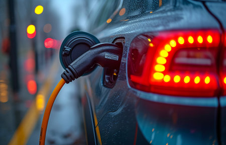 Close-up of a female hand inserting a charger into a home electric car outletの素材