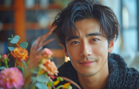 In the bedroom, an attractive Asian man expresses his love for his partner by giving her flowers or pink roses.の素材