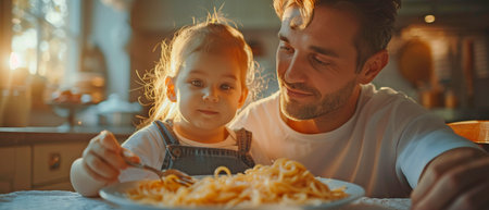 Caucasian attractive father enjoying pasta at home with his adorable small kid after work.の素材