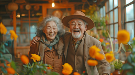 Asian charming old couple in casual attire, staying in a warm, comfortable house in the living room, and passionately dancing togetherの素材