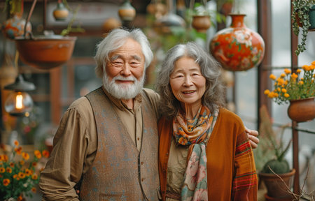 Asian charming old couple in casual attire, staying in a warm, comfortable house in the living room, and passionately dancing togetherの素材