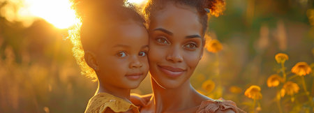 A lovely, contented adult mother who nurtures and unites her mixed-race children. African petite, endearing daughter girl choosingの素材