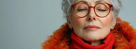 Anger-stricken gray-haired elderly woman with closed eyes and spectacles, complaining of neck discomfortの素材