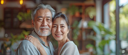 Asian charming old couple in casual attire, staying in a warm, comfortable house in the living room, and passionately dancing togetherの素材