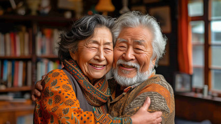 Asian charming old couple in casual attire, staying in a warm, comfortable house in the living room, and passionately dancing togetherの素材