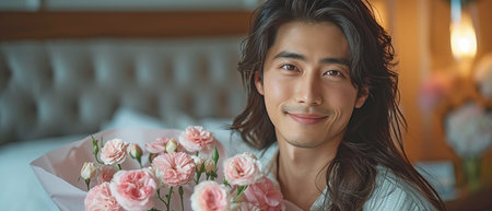 In the bedroom, an attractive Asian man expresses his love for his partner by giving her flowers or pink roses.の素材