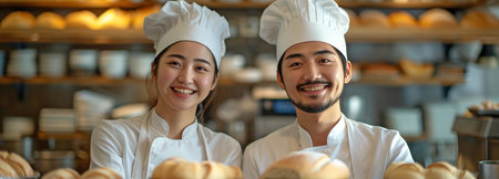 A happy couple of Asian professional cooks are preparing breakfast in the kitchen while sporting a white uniform, cap, and baguette.の素材