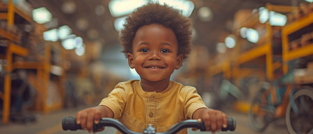 Adorable little Afro-Hair youngster from Africa playing happily on vacation in a factory or warehouse while riding a bike or scooter and sporting a casual shirtの素材