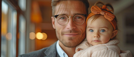 Caucasian attractive father with a formal suit and spectacles, holding his small daughter, standing by the office windowの素材