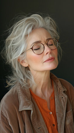 Anger-stricken gray-haired elderly woman with closed eyes and spectacles, complaining of neck discomfortの素材