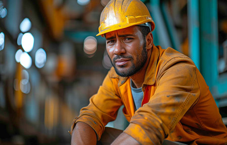 Photograph of a male engineer or worker at a plant, with a safety hard hat, suffering from a knee injury or other risky accidentの素材