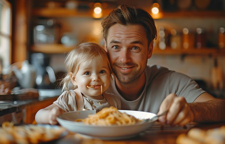 Caucasian attractive father enjoying pasta at home with his adorable small kid after work.の素材