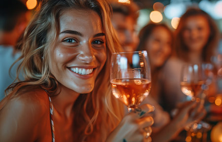 A collection of varied friends or individuals dressed casually, grinning broadly, raising a glass of wine, and raising a toast to a party celebration at a comfortable homeの素材