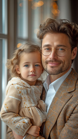 Caucasian attractive father with a formal suit and spectacles, holding his small daughter, standing by the office windowの素材