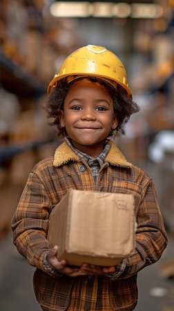 A young African child in a safety hard hat holds a package or carton box for delivery in a warehouse.の素材