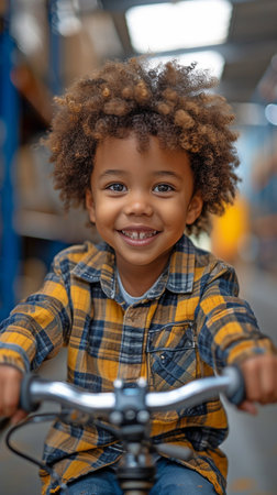 Adorable little Afro-Hair youngster from Africa playing happily on vacation in a factory or warehouse while riding a bike or scooter and sporting a casual shirtの素材