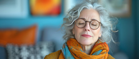 Anger-stricken gray-haired elderly woman with closed eyes and spectacles, complaining of neck discomfortの素材