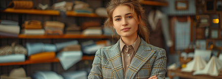 Professional hipster female tailor in a modern suit, posing at the window of a tailor business, creating, designing, or manufacturing clothingの素材