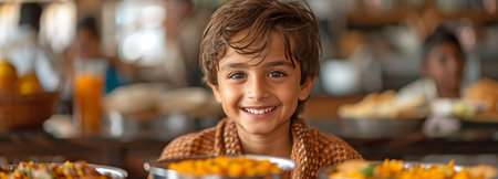 Beautiful teenage Indian kid dressed in traditional attire, grinning broadly while enjoying a hearty breakfast at home at the kitchen table.の素材