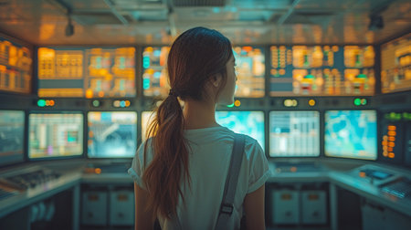 Every day, female electrical engineers and women working in manufacturing check the MDB in the electrical control room.の素材