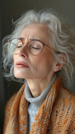 Anger-stricken gray-haired elderly woman with closed eyes and spectacles, complaining of neck discomfortの素材